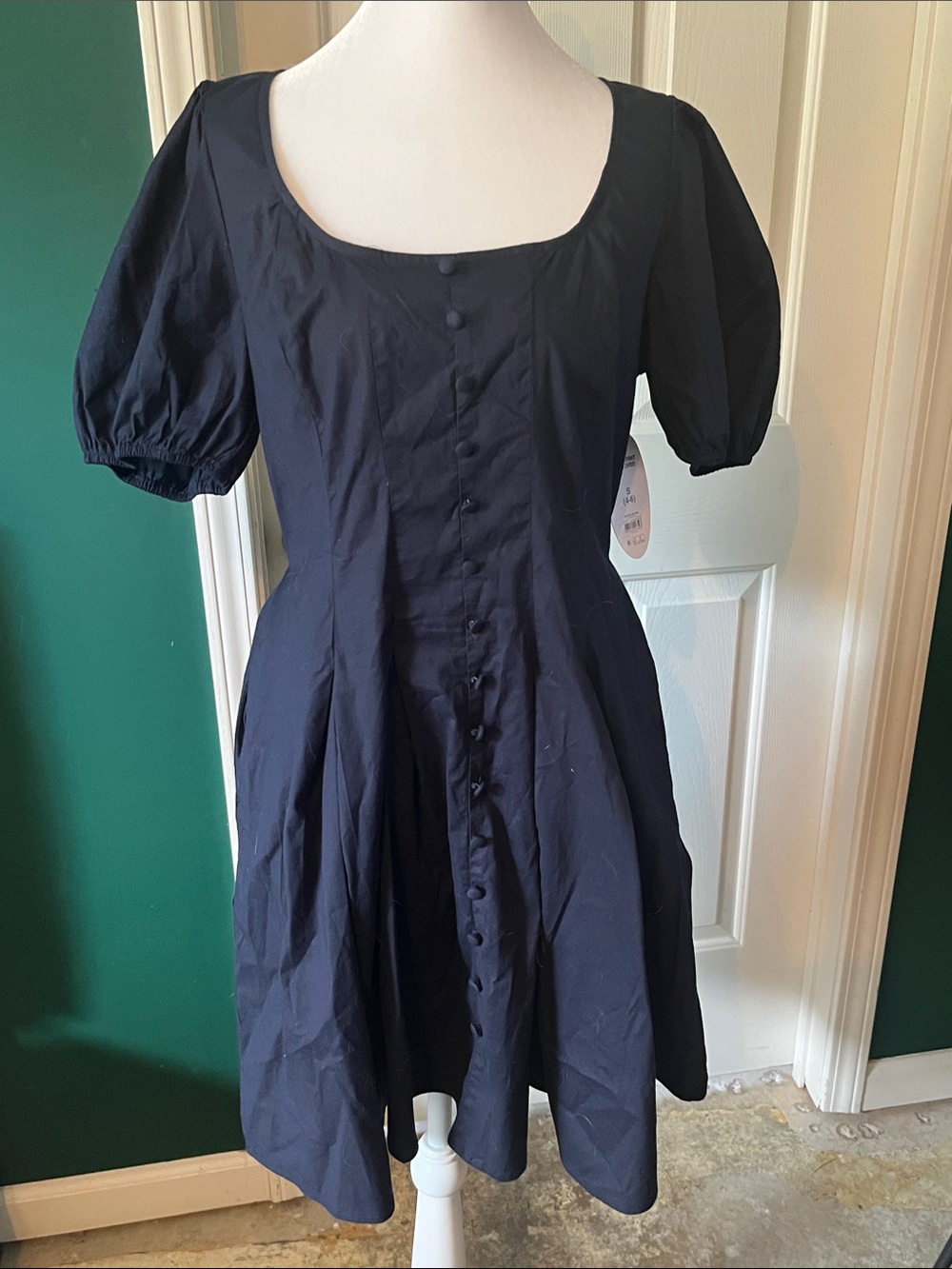 Square-Neck Navy Mini Dress with Puff Sleeves